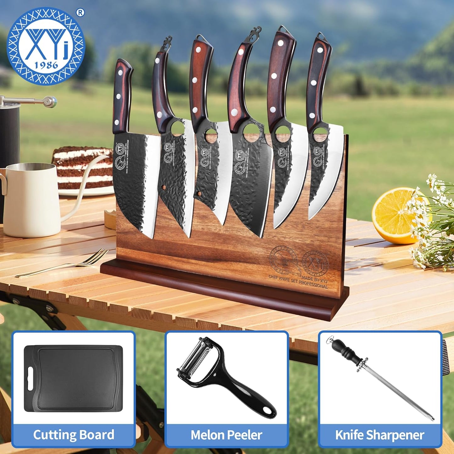 XYJ Authentic Since 1986,Knife Block Set,Kitchen Knife Set with Magnetic Knife Block,Cutting Board,Sharpening Stick,Meat Cleaver Slicing Knives,High Carbon Steel Blades,Full Tang,Wood Handle