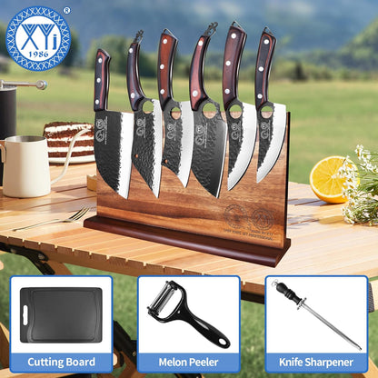 XYJ Authentic Since 1986,Knife Block Set,Kitchen Knife Set with Magnetic Knife Block,Cutting Board,Sharpening Stick,Meat Cleaver Slicing Knives,High Carbon Steel Blades,Full Tang,Wood Handle