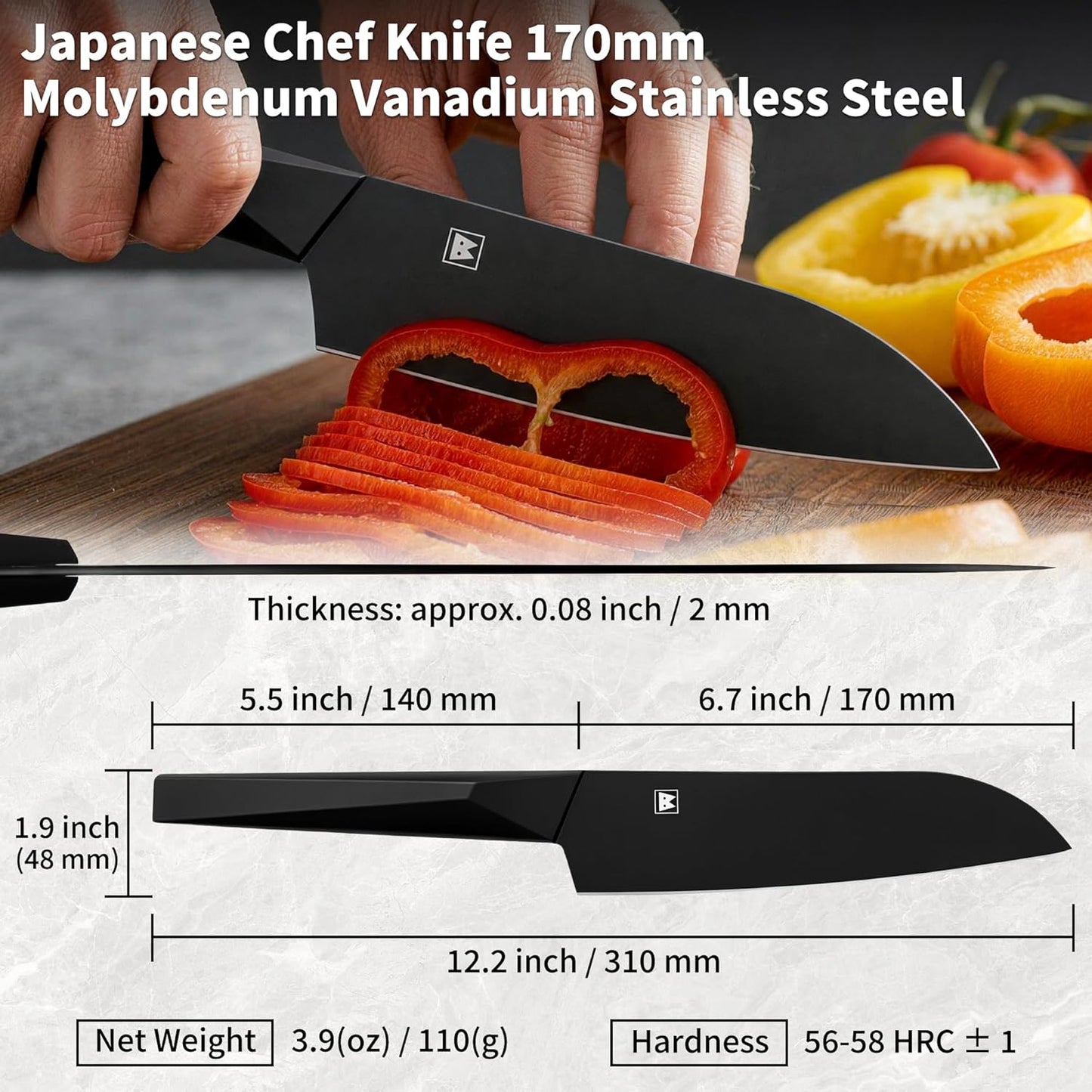 6.7 Inch Santoku Knife, Made in Japan, High Carbon Molybdenum Stainless Steel Japanese Chef Knife with Sakura Handle, Kitchen Knife for Slicing Meat, Vegetable & Fruit