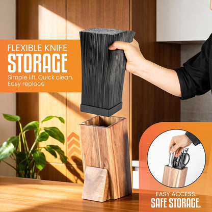 Acacia Wood Angled Knife Block with Multi-Purpose Holder – Universal Kitchen Knife Storage with Removable Bristle Insert (Honey brown, regular medium)