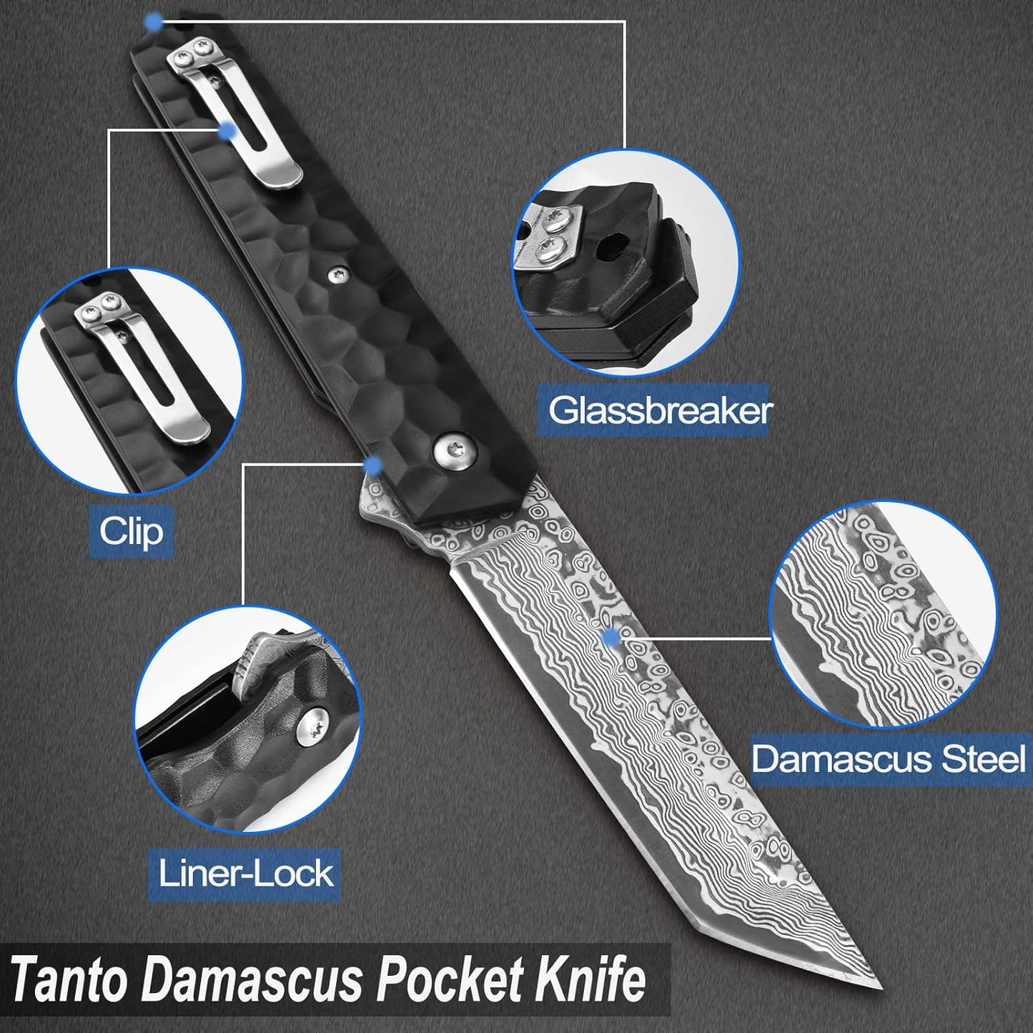 AUBEY Damascus Pocket Knife with Clip, Sharp Tanto Blade with VG10 Core Folding Knife with Abalone Shell Handle and Glass Breaker, EDC Camping Knife for Gift Survival Collection