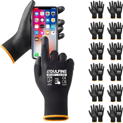 DULFINE Safety Work Gloves PU Coated-12 Pairs,Red Seamless Knit Glove with Polyurethane Coated Smooth Grip on Palm & Fingers, for Men and Women, Ideal for General Duty Work (Large)