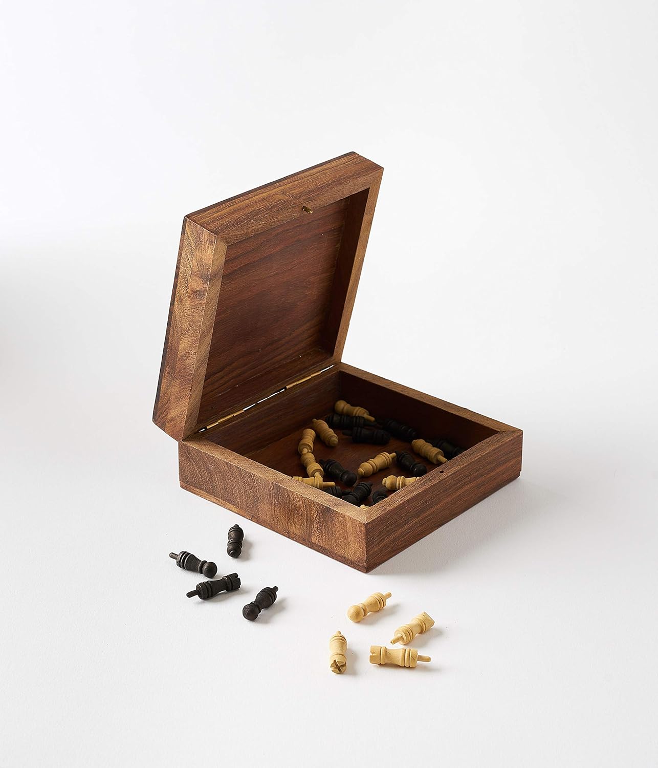Matr Boomie, Small Mini Portable, Travel-Sized Hand Carved Solid Indian Rosewood, Wooden Peg Chess Board Game Set W/ Openable Storage for Pieces, for Adults