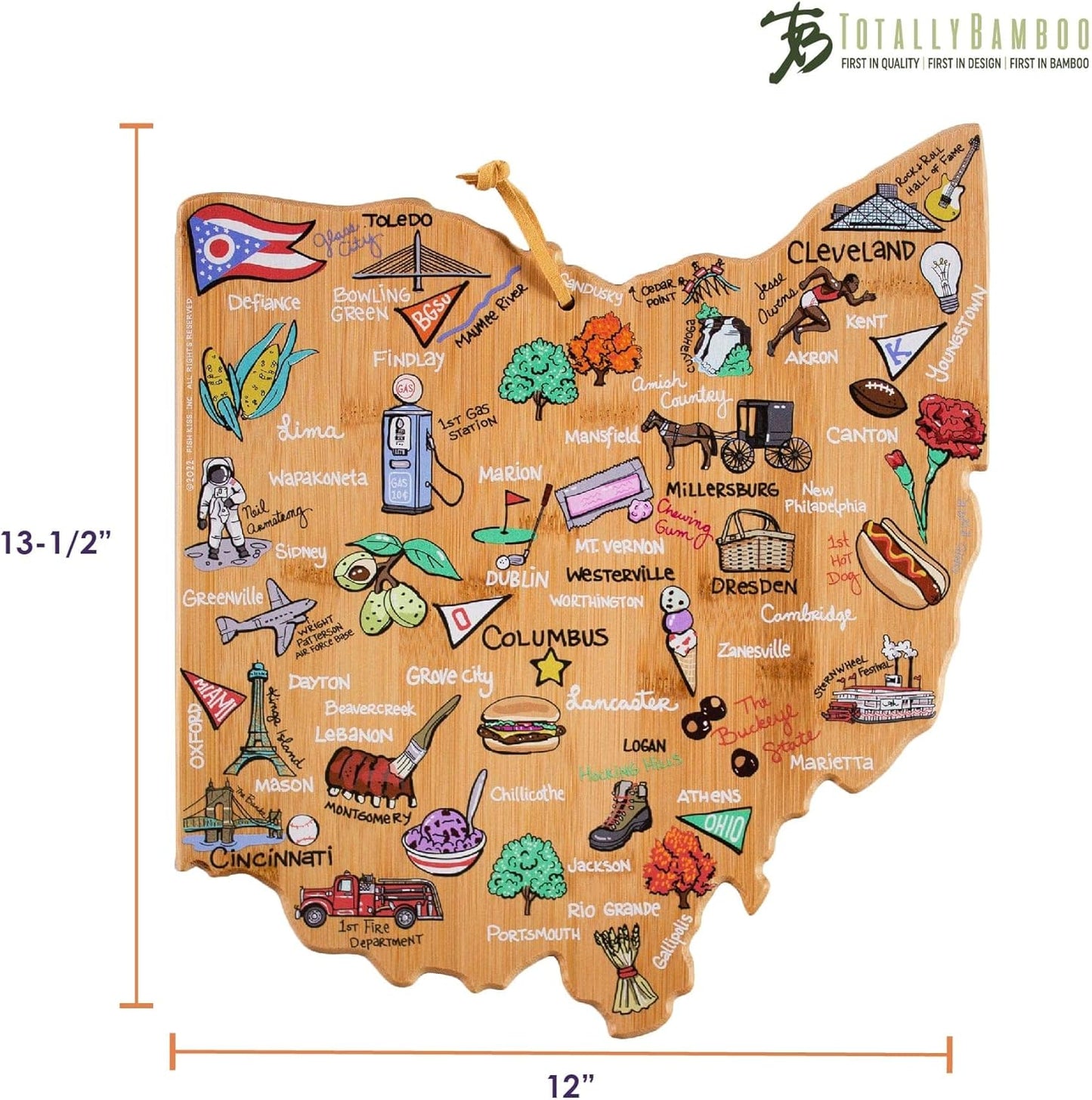 Totally Bamboo Tennessee State Shaped Cutting Board and Charcuterie Serving Platter with Artwork by Fish Kiss, Includes Hang Tie for Wall Display - Colors A