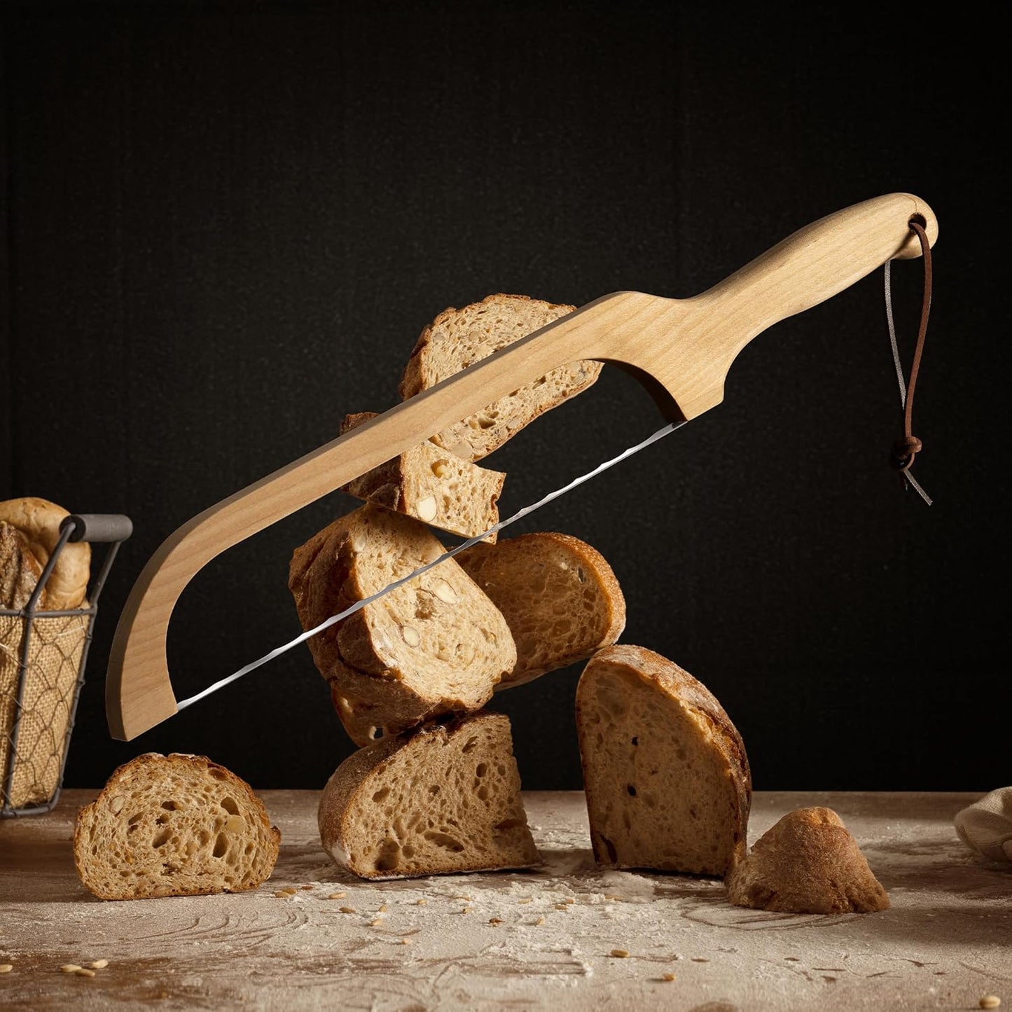 LLOTUS Bread Knife Package Slicer for Sourdough Bread, 16.5" Premium Wooden Bow Design, Premium Stainless Steel Serrated Saw, Cutter for cutting Loaf, Sandwich, Bagels, Homemade Bread & more - Birch