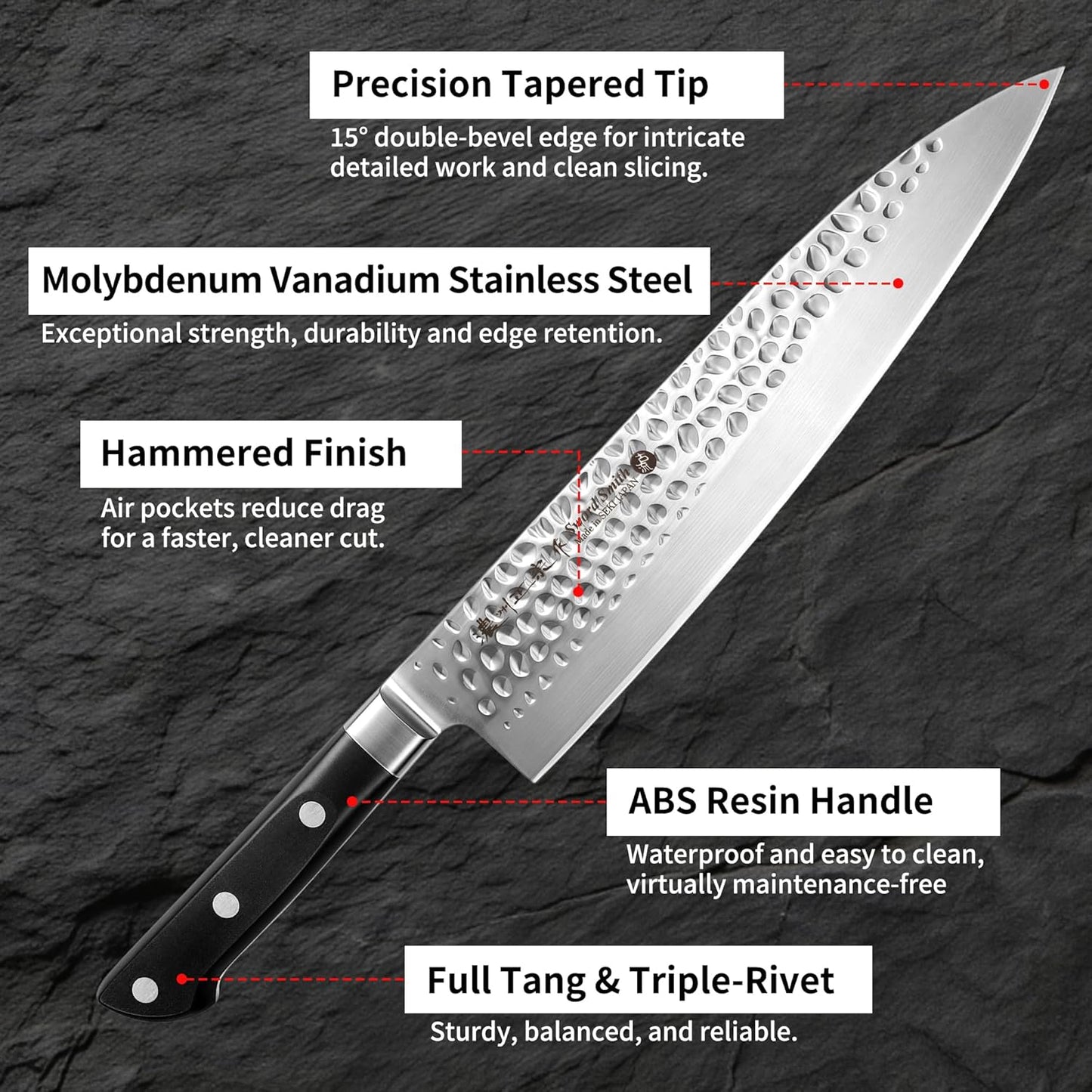 8 Inch Japanese Chef Knife, Made in Japan, Full Tang High Carbon Molybdenum Stainless Steel Gyuto Knife with Hammered Finish for Rock Chopping Meat, Fish and Vegetables
