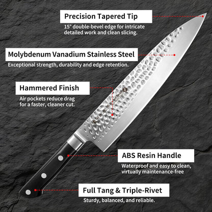 8 Inch Japanese Chef Knife, Made in Japan, Full Tang High Carbon Molybdenum Stainless Steel Gyuto Knife with Hammered Finish for Rock Chopping Meat, Fish and Vegetables