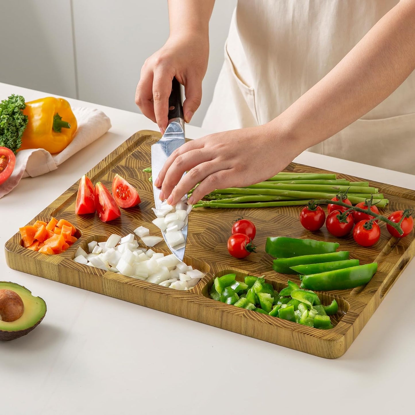 THETCHRY Teak Wood Cutting Boards for Kitchen, Large Charcuterie Board with Handle, 1" Thick Butcher Block, End Grain Cutting Board, Reversible Wooden Chopping Board for Meal Prep & Serving, 17"×13"