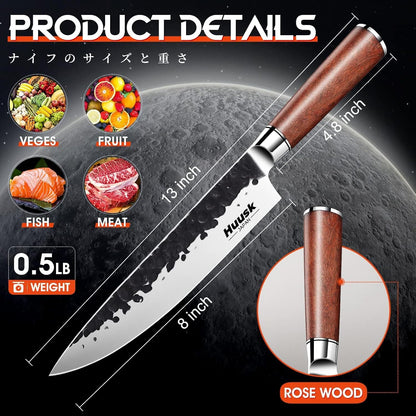 Huusk Butcher Knife Set of 3- Japanese Knife Set for Meat Cutting, Hand Forged Viking Knives Sets with Meat Cleaver, Heavy-Duty Kitchen Knives Sets for Bone BBQ Vegetable, Gift Idea for Men & Women