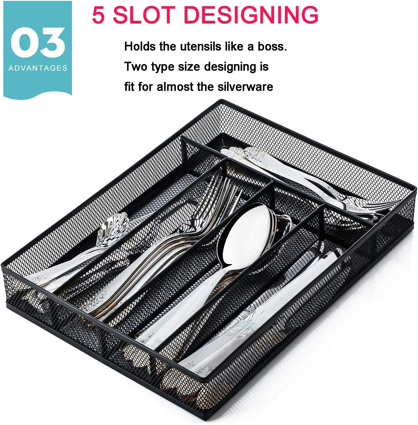 JANE EYRE Drawer Organizer, Cutlery Tray Silverware Flatware Storage Divider for Kitchen, Mesh Wire with Non-slip Foam Feet, 5 Component, Silver