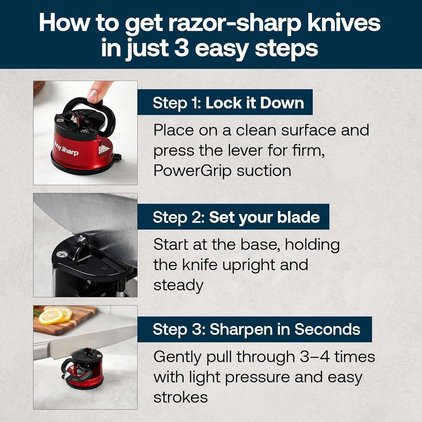 AnySharp – PRO – Hands Free Knife Sharpener - Easy to Use Sharpening Tool with PowerGrip Suction Base and 20-Degree Pre-set Angle - For All Knives: Chef’s, Serrated, and Hardened Steel - Metal