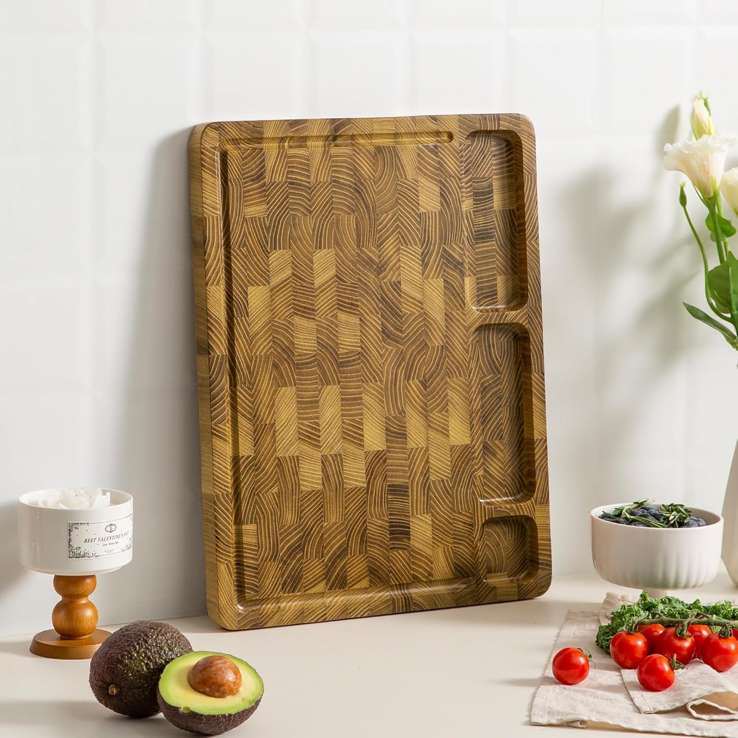 THETCHRY Teak Wood Cutting Boards for Kitchen, Large Charcuterie Board with Handle, 1" Thick Butcher Block, End Grain Cutting Board, Reversible Wooden Chopping Board for Meal Prep & Serving, 17"×13"