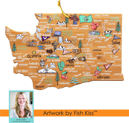 Totally Bamboo Tennessee State Shaped Cutting Board and Charcuterie Serving Platter with Artwork by Fish Kiss, Includes Hang Tie for Wall Display - Colors A