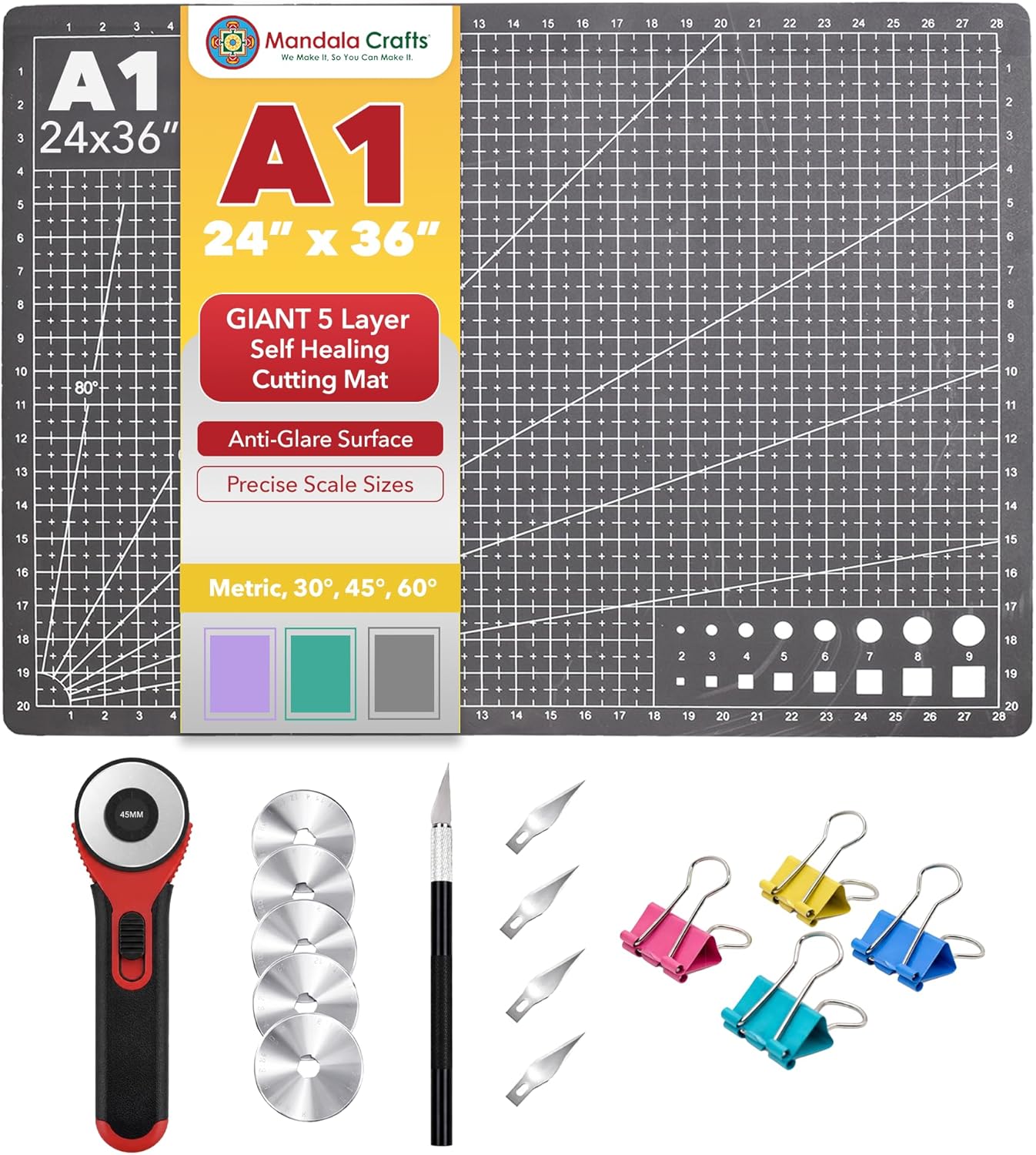 Mandala Crafts Self-Healing Cutting Mat Set – 12" x 18" A3 Green Double-Sided 5-Ply Mat with Fabric Cutter, Quilt Ruler & Craft Knife for Sewing, Quilting, Leather & Scrapbooking