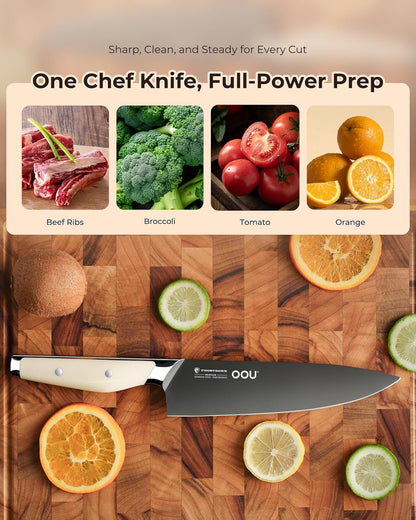 OOU 8 Inch Chef Knife, German 1.4116 Stainless Steel Kitchen Knife, Gunmetal Blade with AgShield & TinSharp Finish, Balanced ABS Handle, Sharp Cooking Knife for Meat, Vegetables and Daily Prep