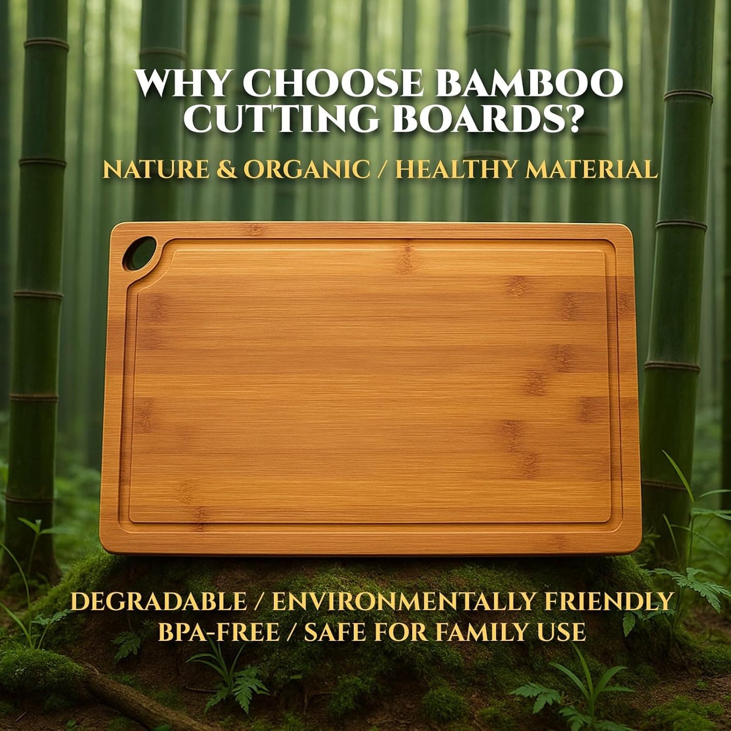 3-Piece Organic Bamboo Cutting Board Set for Kitchen - Carbonized Extra Sturdy Chopping Boards with Juice Grooves - Knife-Friendly Multi-Size (15", 12", 9") for Meat & Veggies - Housewarming Gift Box