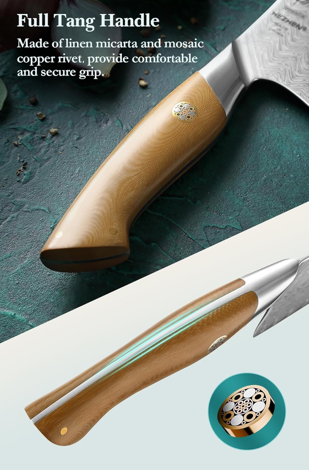 HEZHEN Damascus Chef Knife, 8.5 Inches, 67 Layers Damascus Steel, Professional Japanese Kitchen Knife for Chefs and Home Cooking, Ultra-sharp Blade with Linen Micarta Handle, Gift Packing