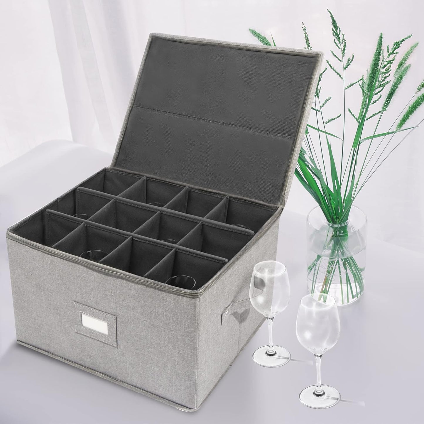 Stemware Storage Cases, Wine Glass Storage Box Containers for Glassware or Crystal, Holds 12 Red or White Wine Glasses, Hard Top and Sides (Grey)