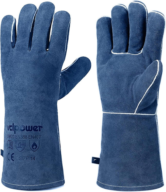 vclpower Welding Gloves Fire Heat Resistant 14IN Fireproof Leather for Welding Fire Pit Wood Stove Campfire Furnace BBQ Baking,Grill Oven Stick Mig Tig Gear Gift for Man L