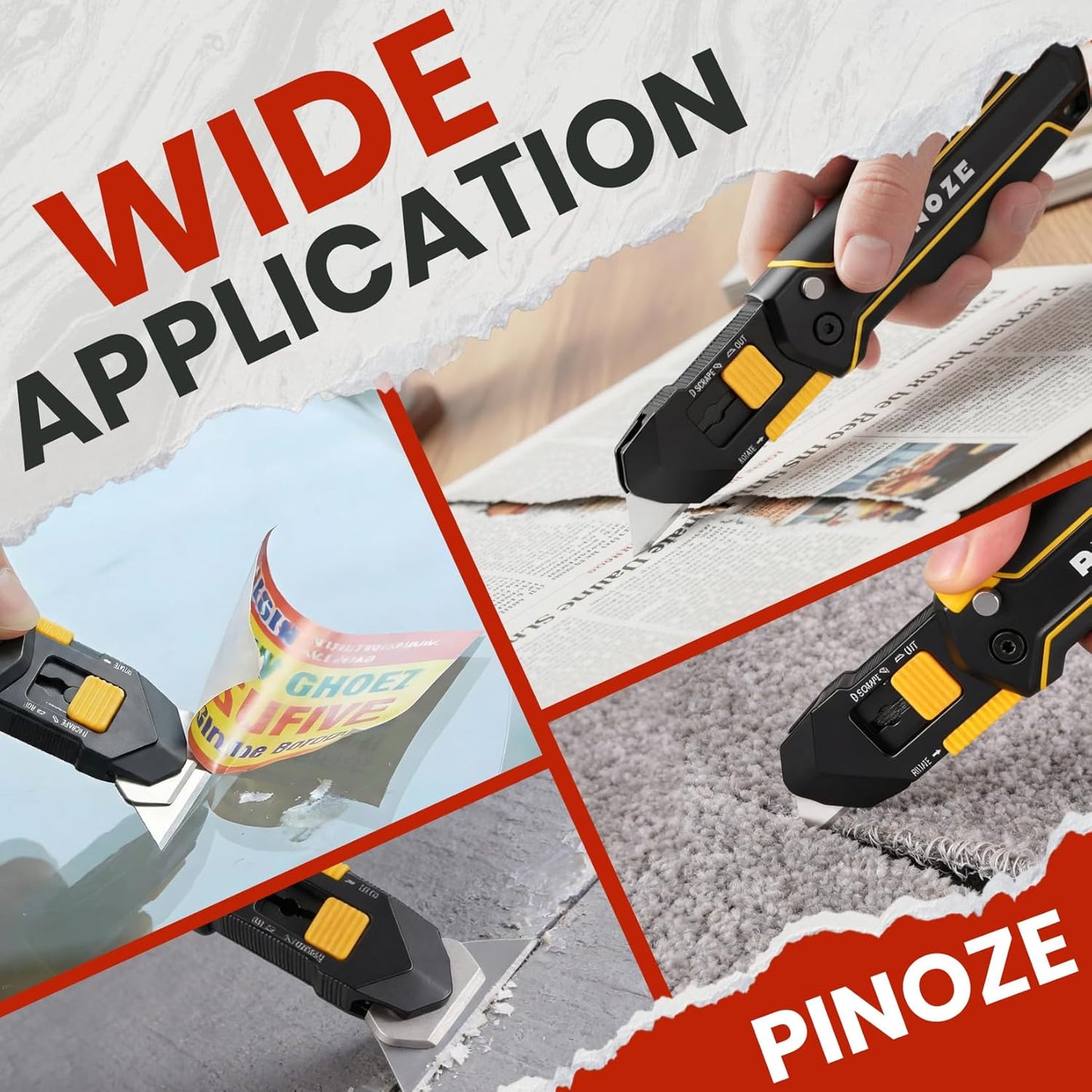 PINOZE Utility Knife Scraper, 3-in-1 Retractable Box Cutter with Lanyard & Blade Storage, Heavy Duty Zinc Alloy Multi-functional Knife with 10pcs SK2 Blades, EDC Tool for Home, Office, DIY