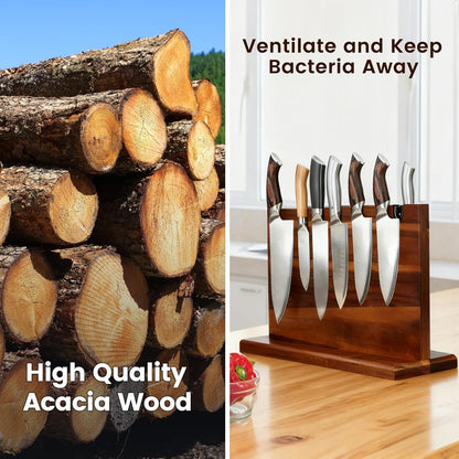 Magnetic Knife Block Natural Acacia Wood Knife Holder Space-Saving Magnetic Strip for Kitchen Knives Self-Sharpening Slot for Maintaining Blade Sharpness Strong Magnet Securely Holds Knives