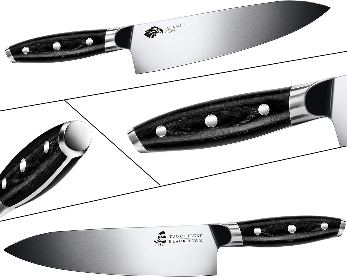 TUO Honing Rod, Knife Sharpening Rod 8 Inch, High Carbon German Steel Knife Sharpener with Ergonomic Pakkawood Handle, Premium Honing Steel for Kitchen Knives Blade Maintenance, Black Hawk Series