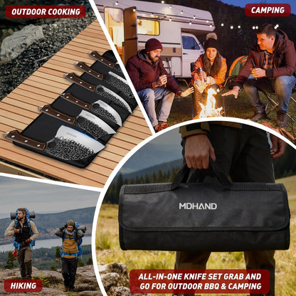 MDHAND Butcher Knife Set, 12PCS Hand Forged Serbian Chef Knife Set with Bag, High Carbon Steel Full Tang Kitchen Knives Set, Meat Cleaver & Boning Knife for Brisket Trimming BBQ Camping, Gift for Men