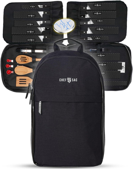 Magnetic Chef Knife Backpack | 20+ Pockets for Knives & Tools | Large Pocket for Tablet & Notebooks | Knife Backpack for Chefs (Black)