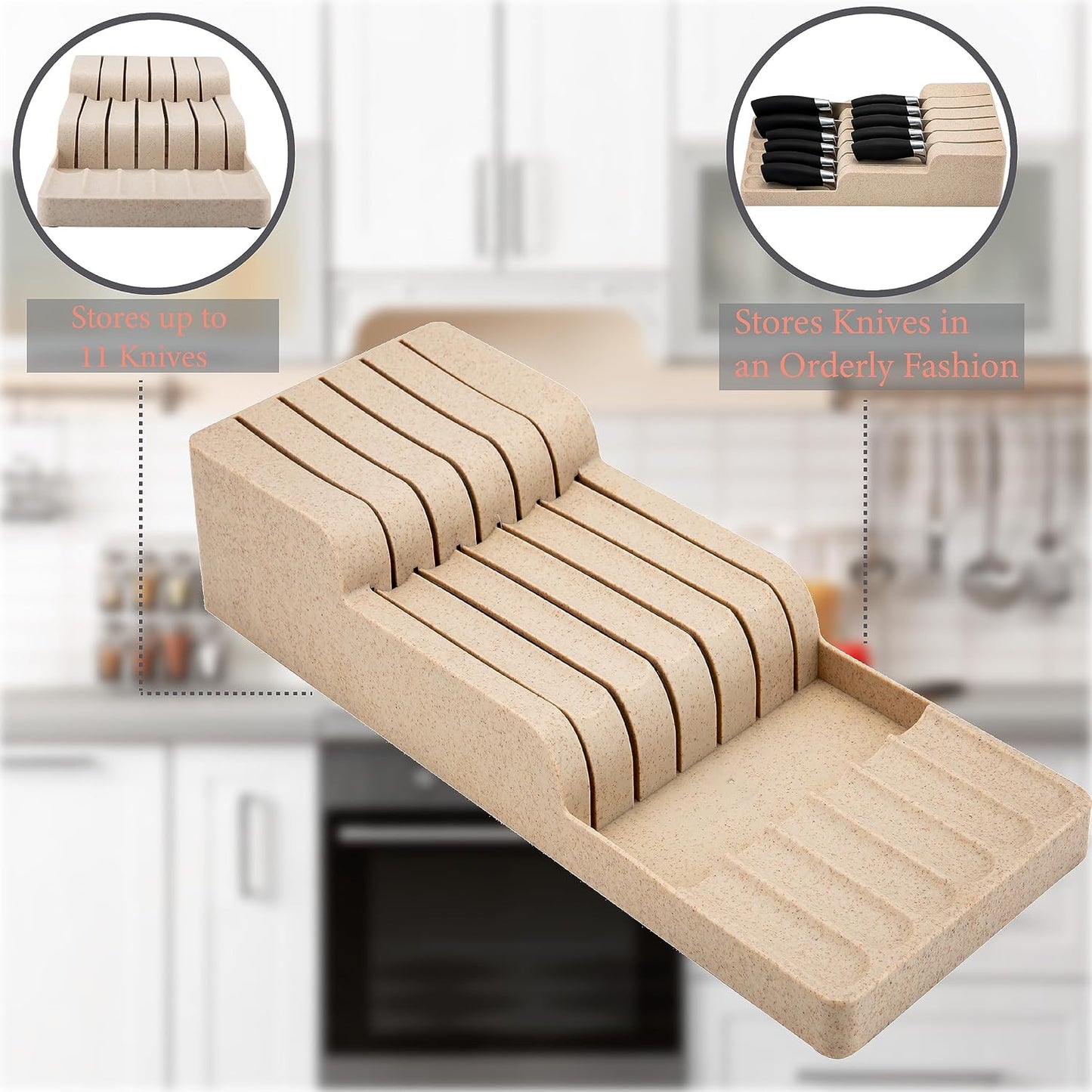 Kitchen Details 2 Tier Knife Drawer Organizer | Holds 11 Knives | Utensil Holder | Knife Block | Storage & Organization | Space Saver | Natural