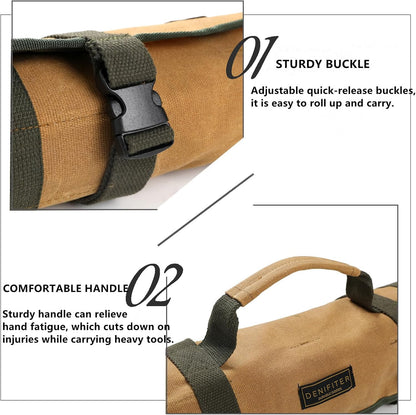 Wrench Tool Roll, Heavy Duty Waxed Canvas Multi-purpose Tool Pouch Bag With 25 Pockets, Easy Storage, Durable (Khaki)