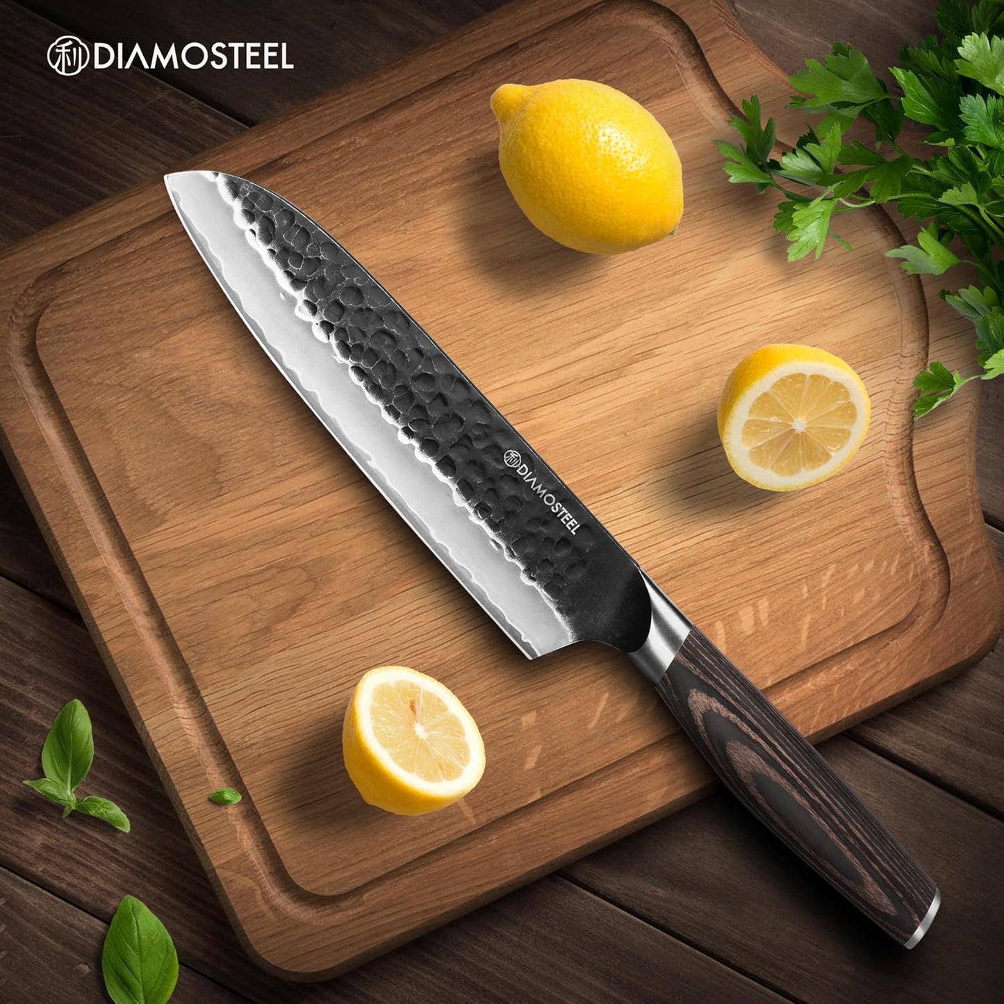 Santoku Knife - 7-Inch Professional Kitchen Knife - Hammered Black Oxide Blade Japanese 9CR18MOV High Carbon Stainless Steel Sharp Chef Knife - Ergonomic Pakkawood Handle with Present Box