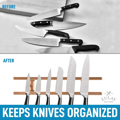 Zulay (12 Inch) Stainless Steel Magnetic Knife Holder For Wall - Powerful Knife Magnetic Strip With Extra Hanging Hooks - Wall Mount Magnetic Knife Strip & Organizer For Kitchen & Tools (Gold)