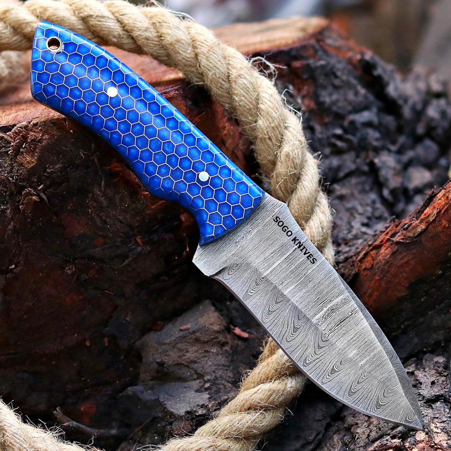 Fixed Blade Damascus Steel Hunting Knife with Leather Sheath, 9'' Full Tang Hunting Skinning,Non-Slip Wooden Handle,Camping Knife (VENGI)