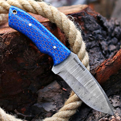 Fixed Blade Damascus Steel Hunting Knife with Leather Sheath, 9'' Full Tang Hunting Skinning,Non-Slip Wooden Handle,Camping Knife (VENGI)