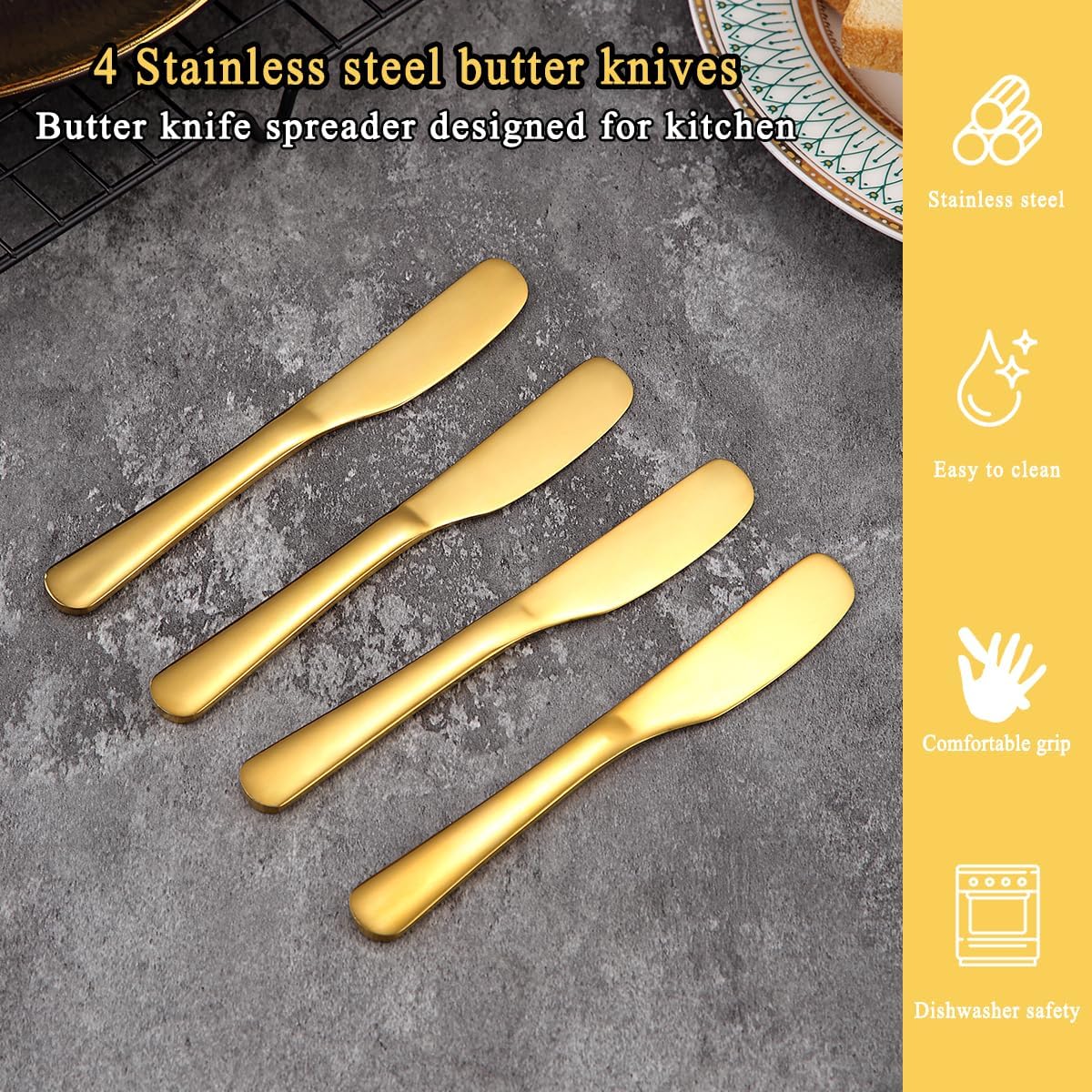 Homquen Stainless Steel Butter Knife, Butter Spreader, Butter Knives, Butter Spreader Knife for Kitchen Restaurant Party, Kitchen Gadgets, Set of 4