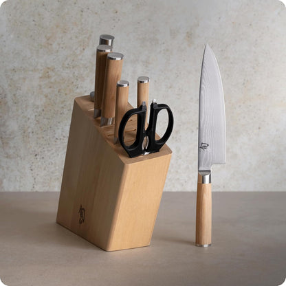 Shun Classic Blonde 6 Piece Block Set, Includes 8" Chef, 3.5" Paring, 6.5" Nakiri, 6" Utility Knives, Honing Steel & Angled Knife Block, Handcrafted Japanese Knife Set, Pakkawood Handles