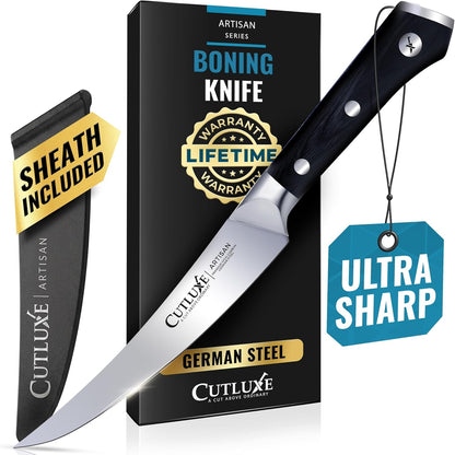 Cutluxe Boning Knife – 6" Razor Sharp Fillet – High Carbon German Steel – Full Tang Ergonomic Handle Design, Grilling Gifts for Men – Artisan Series