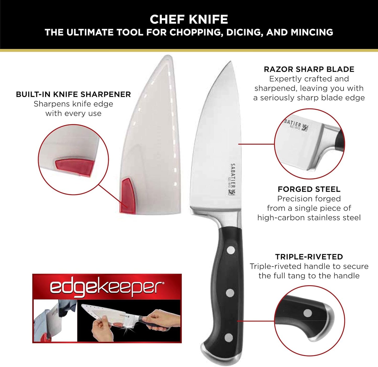 Sabatier Forged Stainless Steel Chef Knife with Edgekeeper Self-Sharpening Blade Cover, High-Carbon Stainless Steel Kitchen Knife, Razor-Sharp Knife to Cut Fruit, Vegetables and more, 8-Inch, Black