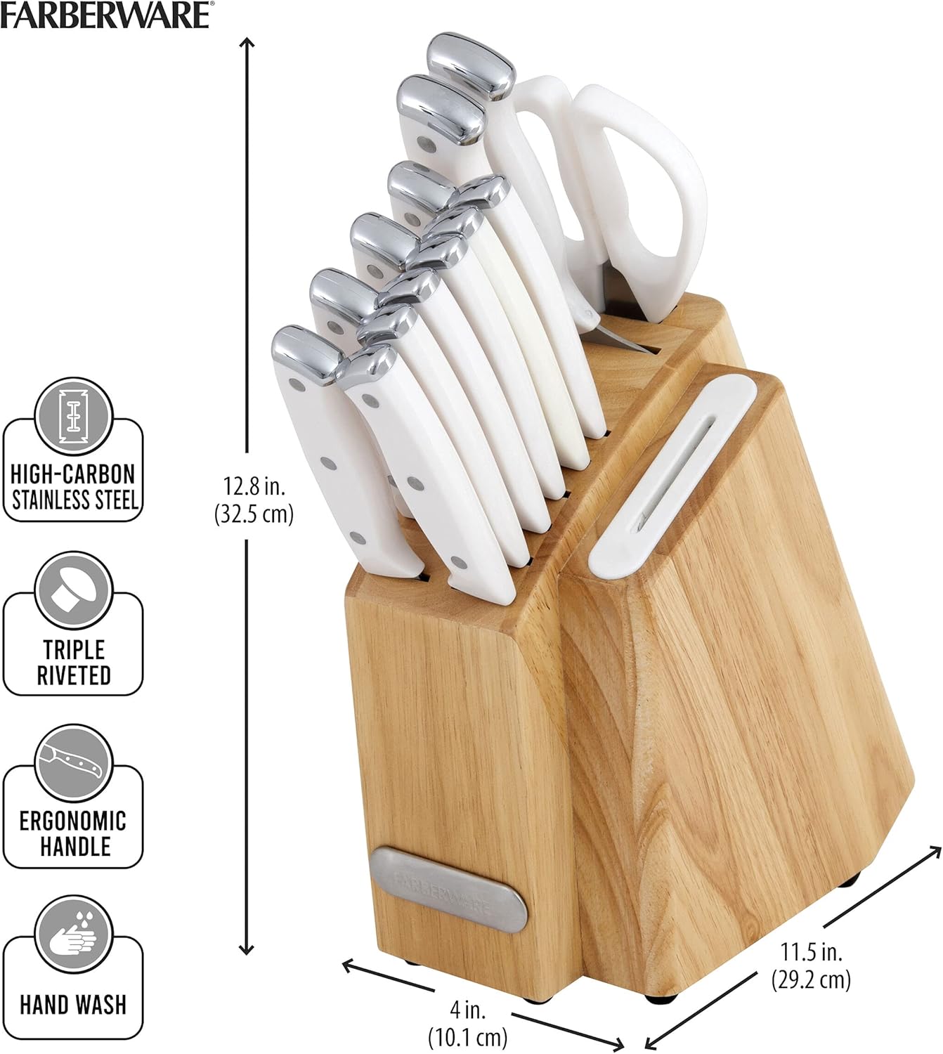 Farberware Edgekeeper Triple Riveted Slim Knife Block Set with Built in Sharpener, 14-Piece, Navy