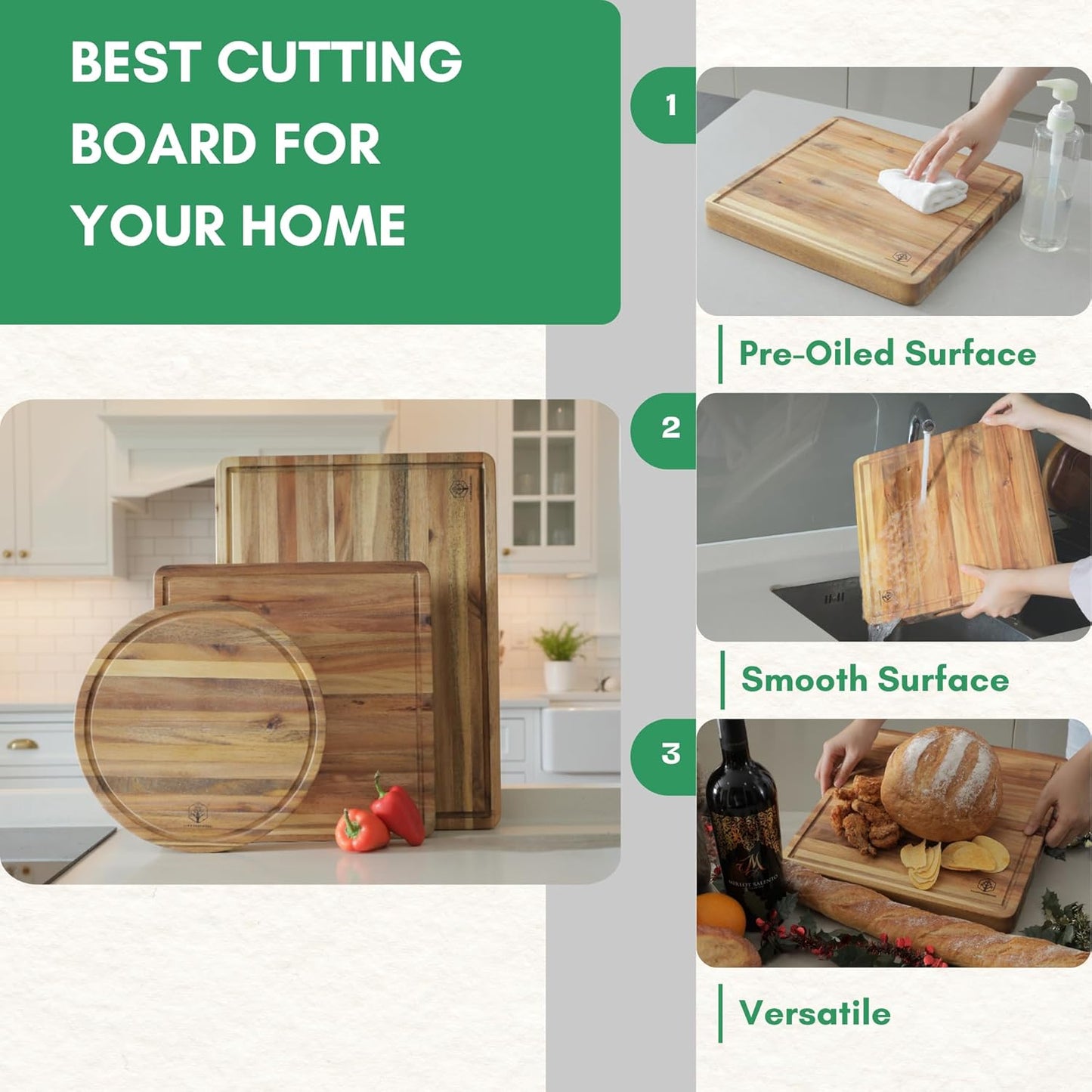 End Grain Acacia Wood Cutting Boards for Kitchen, 1.5 in Thick Butcher Block Construction for Stability, 15 x 10 in Medium Cutting Boards with Gift Box, Juice Groove and Handle