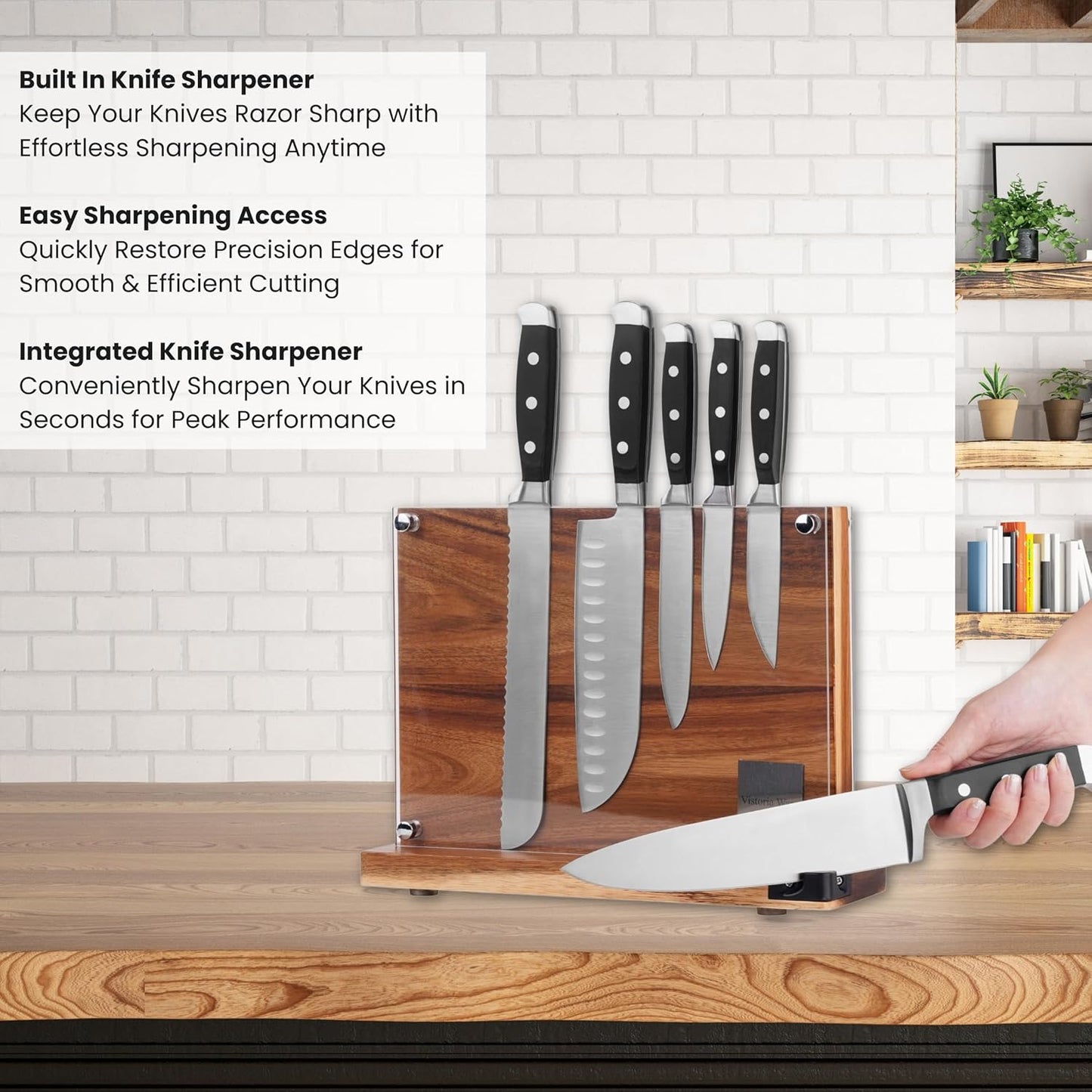 Magnetic Knife Block with Acrylic Shield, Double-Sided Acacia Wood Knife Holder for Kitchen Countertop, Strong Magnet Knife Organizer, Holds 10–12 Knives, Space Saving Storage