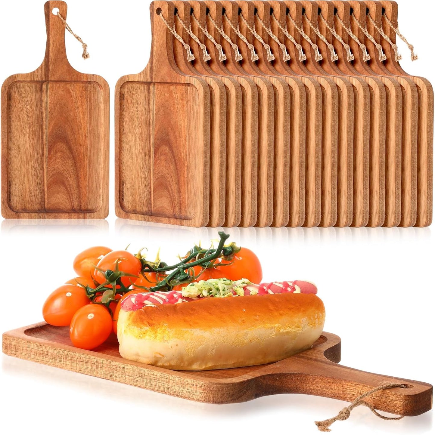 Tanlade 16 Pcs Acacia Wood Cutting Board with Handle Chopping Boards Decorative Charcuterie Platter Pizza Bread Cheese Fruit Serving Tray for Kitchen Counter Table Christmas Decorate(14 x 8 Inch)