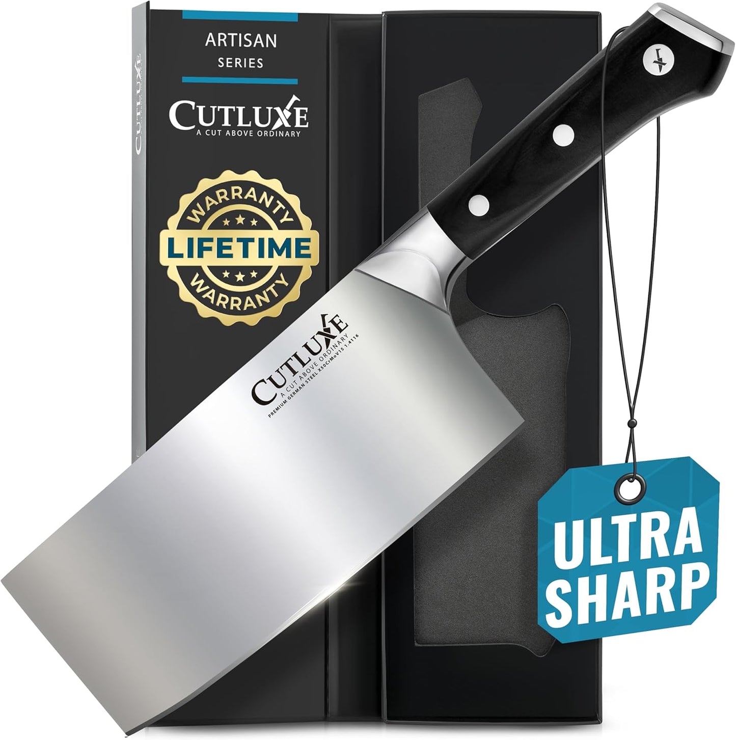 Cutluxe Meat Cleaver Knife - 7" Heavy Cleaver Butcher Knife, Razor Sharp German Steel Blade, Full Tang, Ergonomic Handle Design – Artisan Series