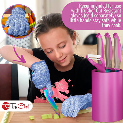 TruChef 5-Piece Kids Cooking Chef Knife Set | Real Stainless Steel Knives with Peeler, Serrated Knife & Holder | Kids Safe Rounded Tips, Easy-Grip Handles | Kitchen Knife Set (5 pcs, Aqua)