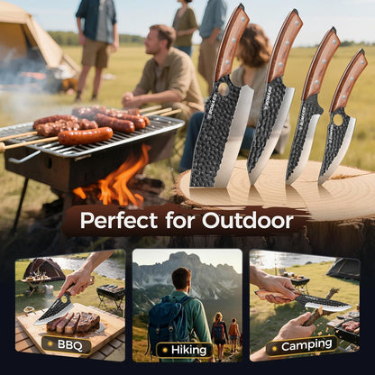5 PCS Butcher Knife Set Hand Forged, High Carbon Steel Japanese Santoku, Serbian Chef Knife, Viking Knife, Boning Knife, Honing Rod for Kitchen, Outdoor Cooking, BBQ, Camping, Gift for Men