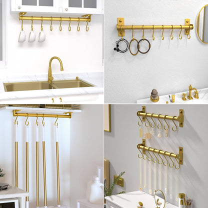 Dseap Kitchen Utensil Holder Hanger, Pot and Pan Rack Wall Mounted, Kitchen Rail with 8 Hooks for Hanging Cooking Utensils, Mugs, Spoons, Wall Mounted, Silver