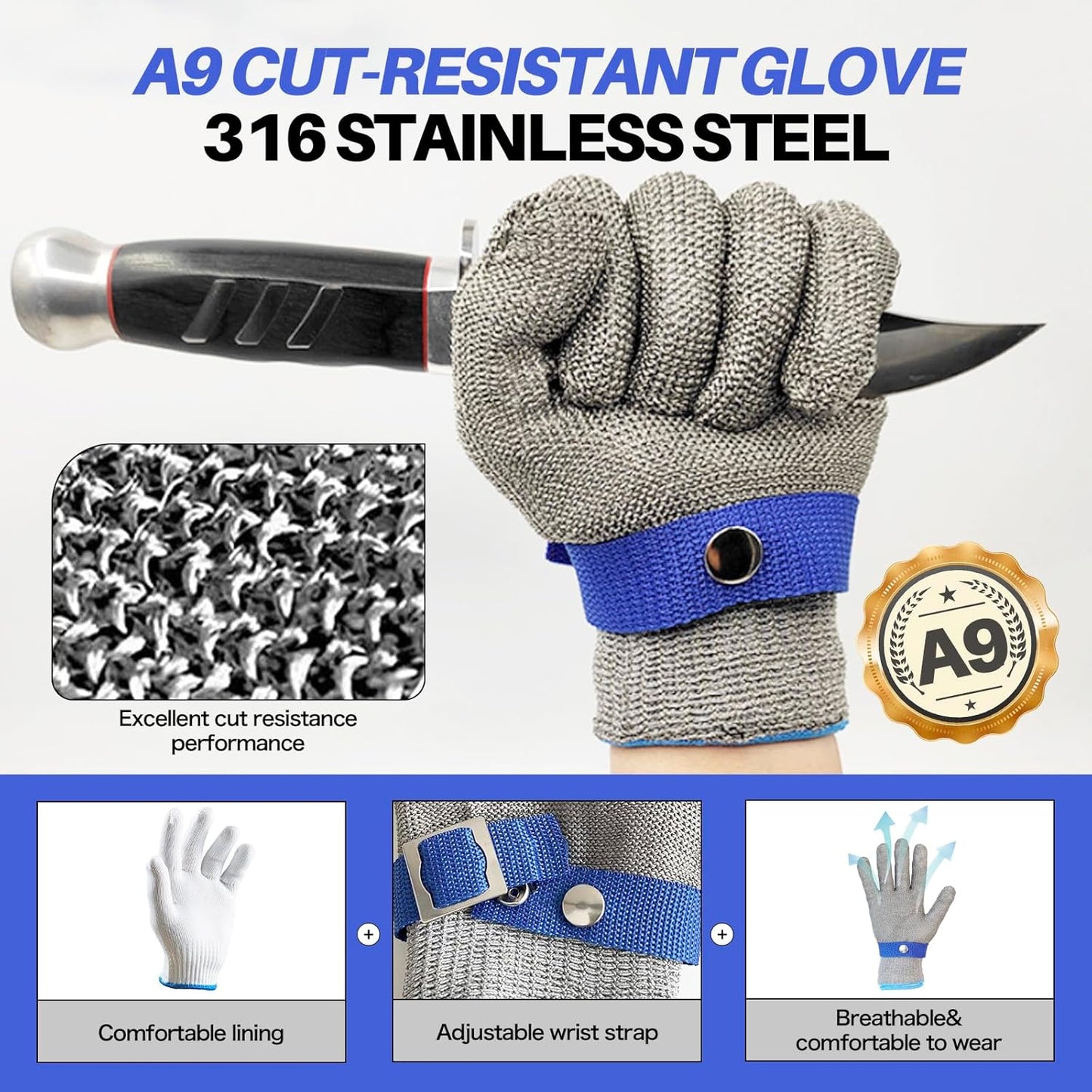 Oyster Shucking Knife+A9 Cut-Resistant Glove with Gift Box,Stainless Steel Oyster Knife and Oyster Shucking Gloves Kit,Heavy Duty Oyster Shucker Tool, Oyster Opener Tool for Chef