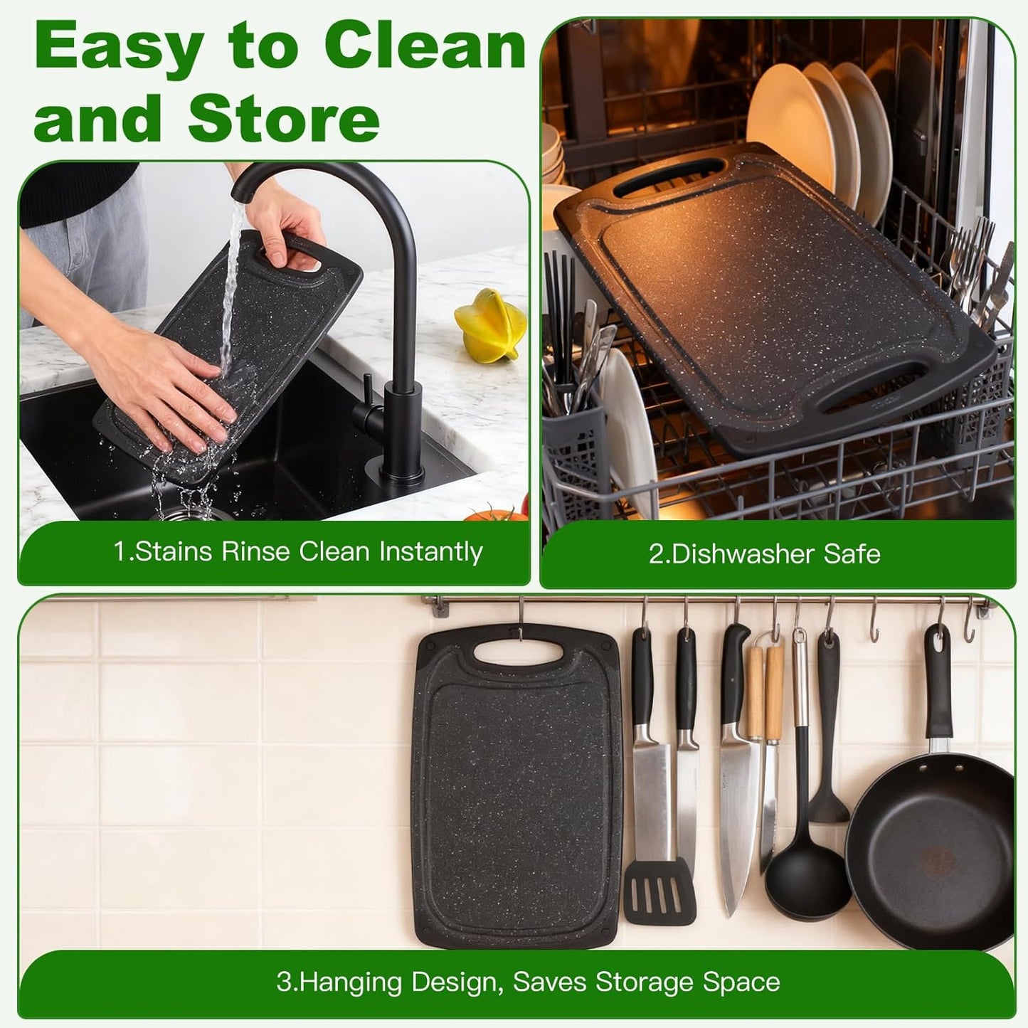 Cutting Boards Set,15.7"×9.4" & 12.5"×7.7" Plastic Chopping Board Set,Made From Natural Food Grade Material,BPA Free&Eco,Non Slip&Juice Groove,Dishwasher Safe,Double-Sided Usable,Dark Grey