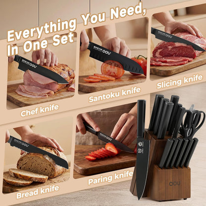 OOU Kitchen Knife Block Set - 15 Pieces High Carbon Stainless Steel Knife Block Set with Built-in Sharpening Blocks, Black