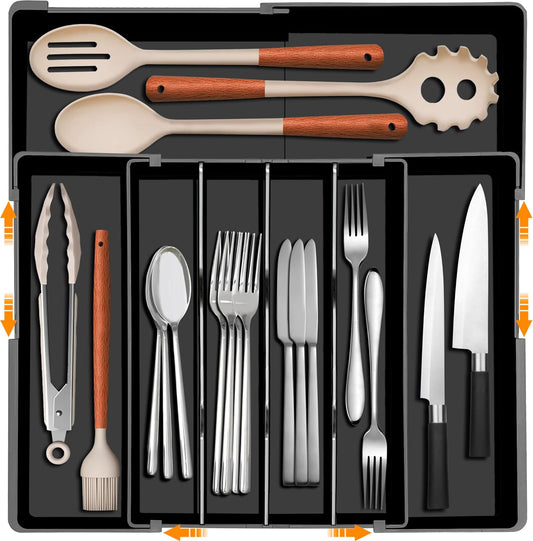 Homecor Silverware Drawer Organizer for Kitchen - Adjustable Utensil Holder Drawer Organizer, BPA Free Flatware and Cutlery Tray, Expandable Plastic Storage for Spoons Forks Knives, Grey